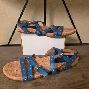 Söfft‎ Blue Leather Cork Wedge Sandals Adjustable Straps Women's Size 9